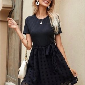 Women’s Rib-knit Belted Swiss Dot Hem Dress